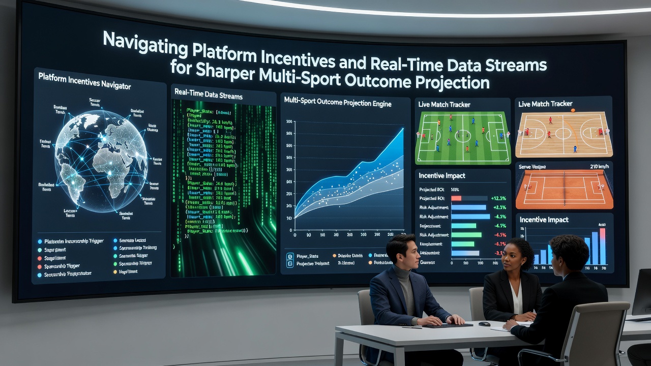 Analyst reviewing synchronized live data feeds on multiple monitors for multi-sport projections